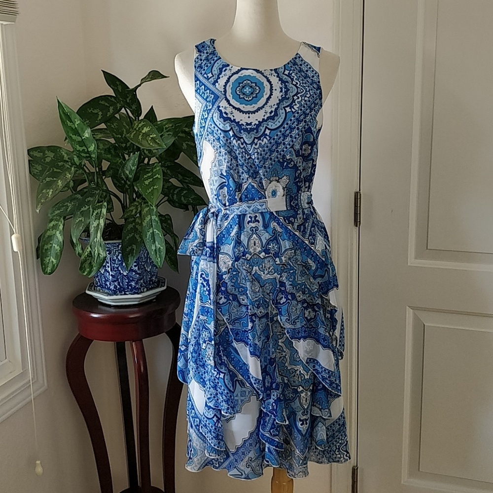 Blue Printed Sleeveless Layered Midi Dress - Unbranded